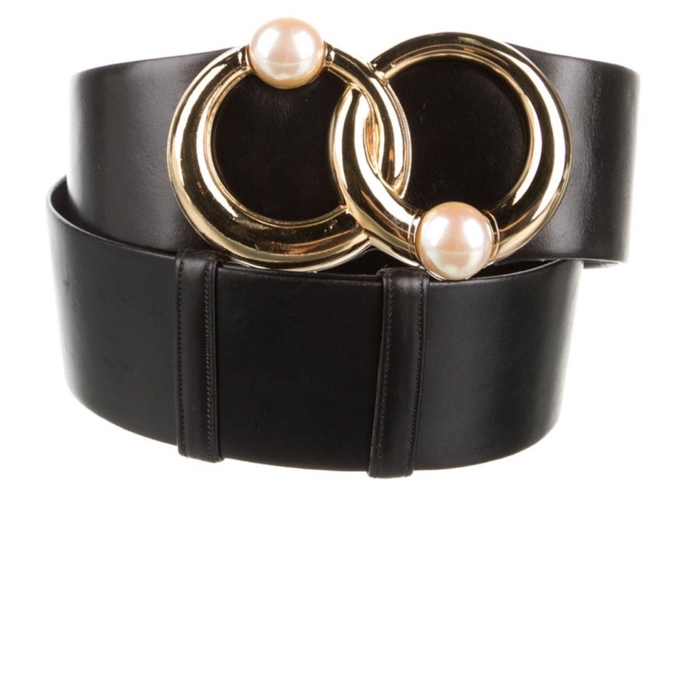 Judith Leiber Black Belt with Gold and Pearl Details